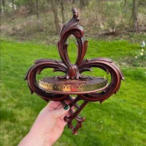 Vintage Durawood USA Ornate Wood Style Fleur-de-Lis Wall Shelf with Brass Edge